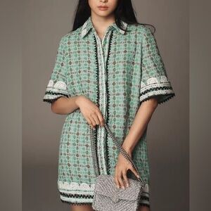 English Factory Green Short Sleeve Beaded Mini Shirt Dress Large Twill Retro
